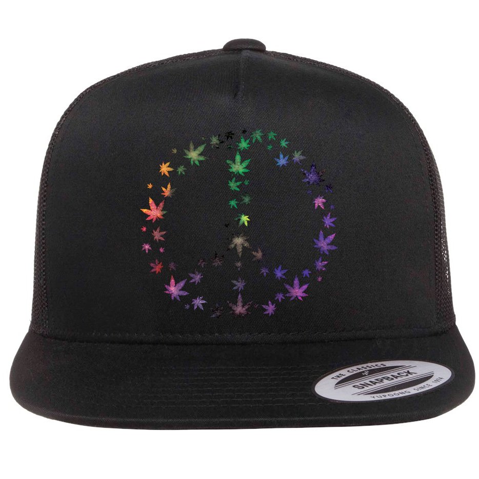Peace Sign Weed Marijuana Leaves Watercolor Hippie Cannabis Gift Flat Bill Trucker Hat