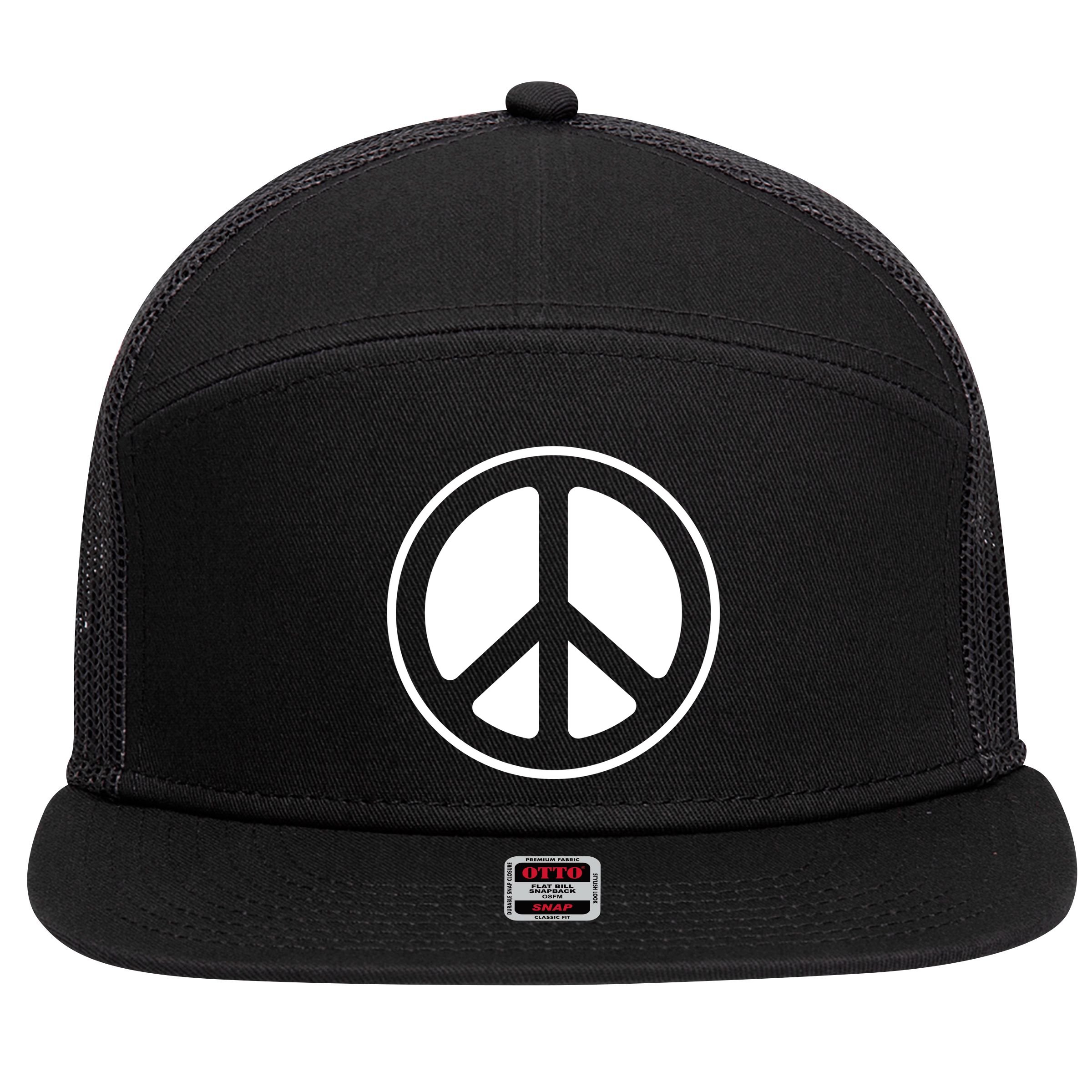Peace Sign White 7 Panel Mesh Trucker Snapback Hat