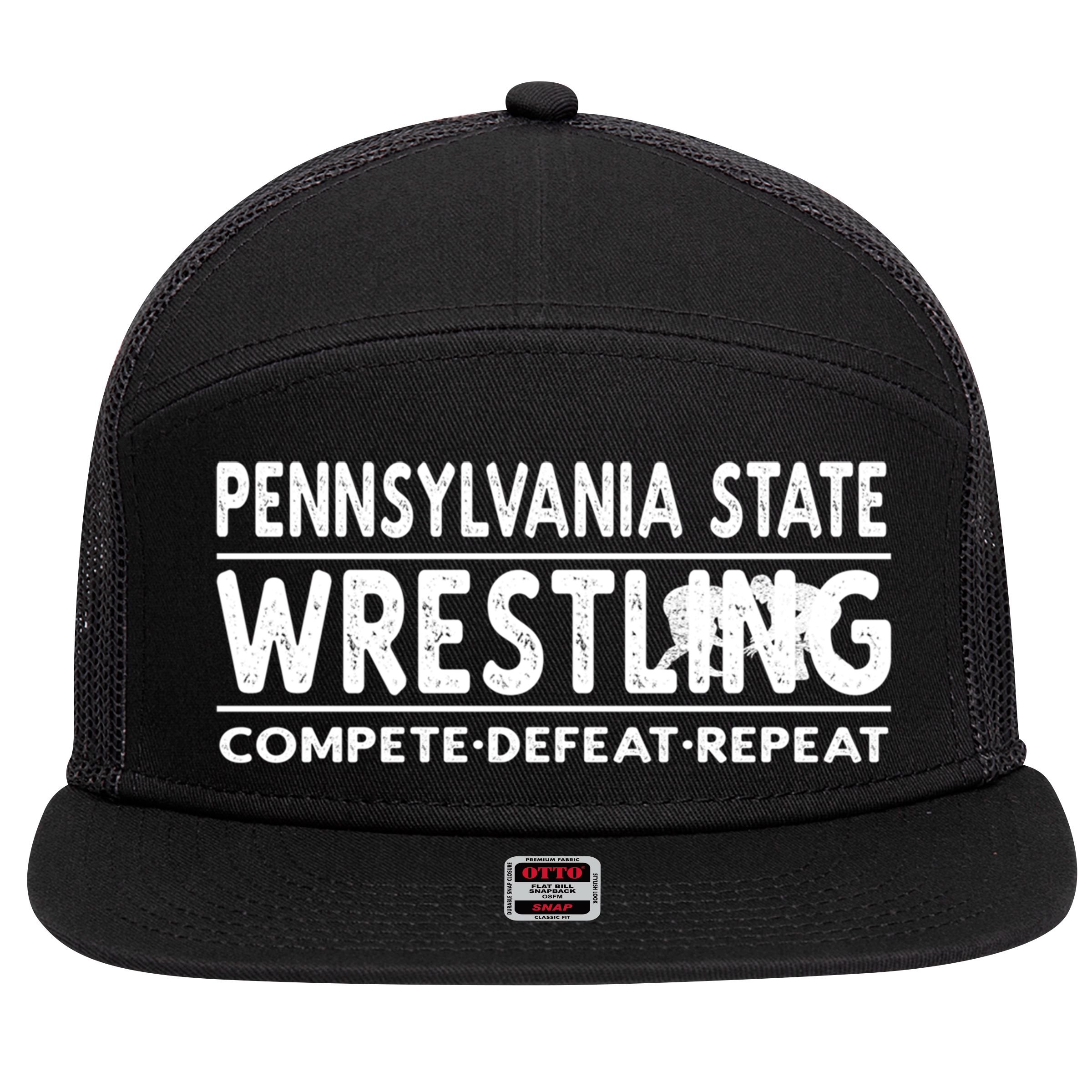 Pennsylvania State Wrestling Compete Defeat Repeat Gift 7 Panel Mesh Trucker Snapback Hat