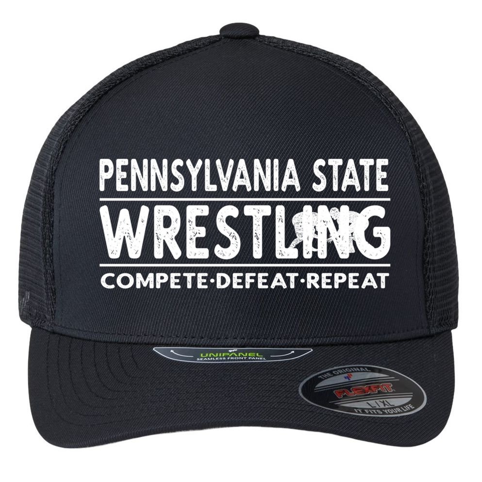 Pennsylvania State Wrestling Compete Defeat Repeat Gift Flexfit Unipanel Trucker Cap