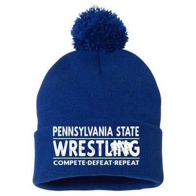 Pennsylvania State Wrestling Compete Defeat Repeat Gift Pom Pom 12in Knit Beanie