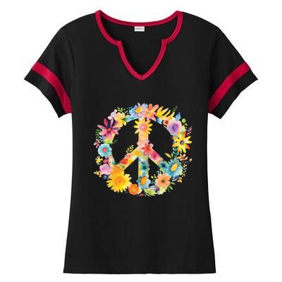 Peace Sign World Love Flowers Hippie Groovy Vibes Colorful Ladies Halftime Notch Neck Tee