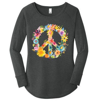 Peace Sign World Love Flowers Hippie Groovy Vibes Colorful Women's Perfect Tri Tunic Long Sleeve Shirt