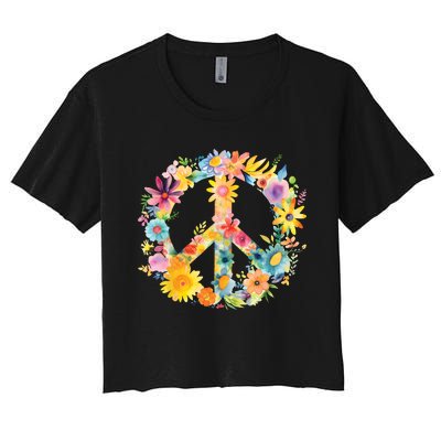 Peace Sign World Love Flowers Hippie Groovy Vibes Colorful Women's Crop Top Tee