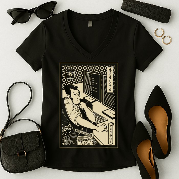 Programmer Samurai Warrior Computer Developer Samurai Women's V-Neck T-Shirt