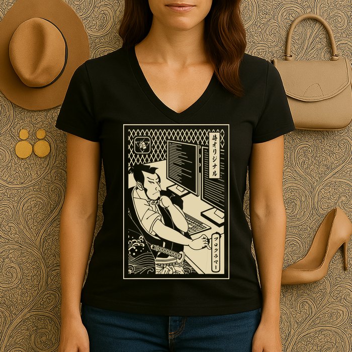 Programmer Samurai Warrior Computer Developer Samurai Women's V-Neck T-Shirt