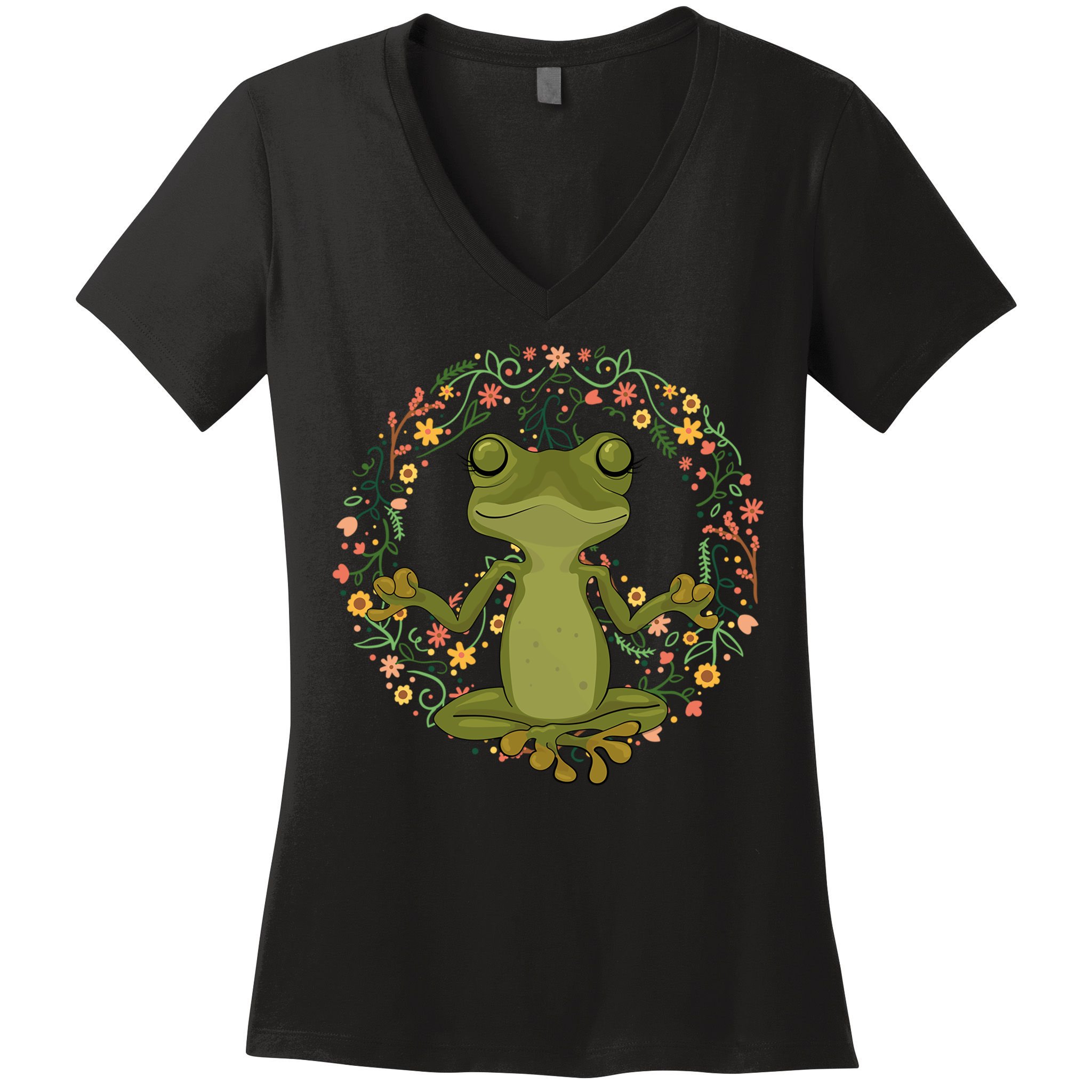 Peace Sign Yoga Frogs Cool Peace Frog Floral Women's V-Neck T-Shirt
