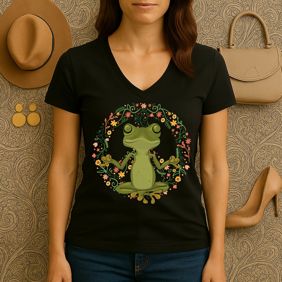 Peace Sign Yoga Frogs Cool Peace Frog Floral Women's V-Neck T-Shirt