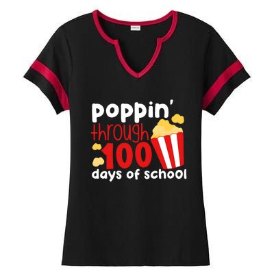 Poppin Through 100 Days Of School Popcorn Ladies Halftime Notch Neck Tee