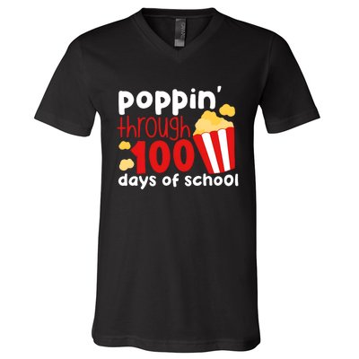 Poppin Through 100 Days Of School Popcorn V-Neck T-Shirt