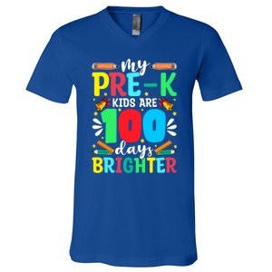 Preschool Teacher 100 Days Brighter 100th Day Of School Gift V-Neck T-Shirt