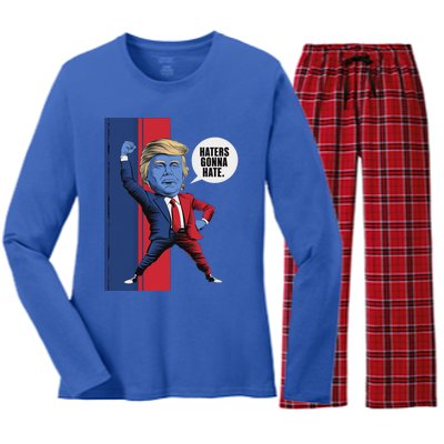 President Trump 2024 Haters Gonn Hate Patriotic America Cute Gift Women's Long Sleeve Flannel Pajama Set 