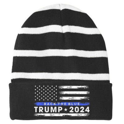 Pro Trump 2024 Back The Blue Thin Blue Line American Flag Striped Beanie with Solid Band