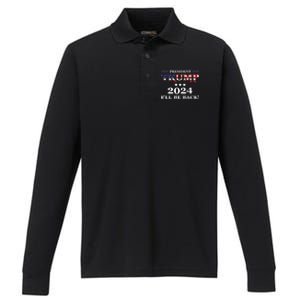 President Trump 2024 I'll Be Back Gift Performance Long Sleeve Polo