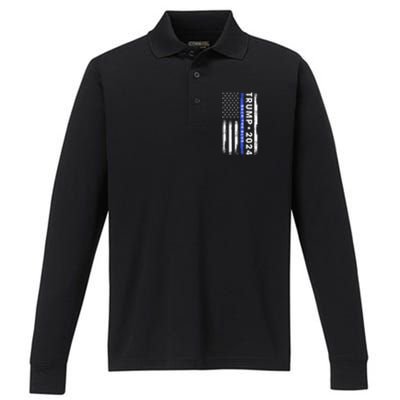 Pro Trump 2024 Back The Blue Thin Blue Line American Flag Meaningful Gift Performance Long Sleeve Polo