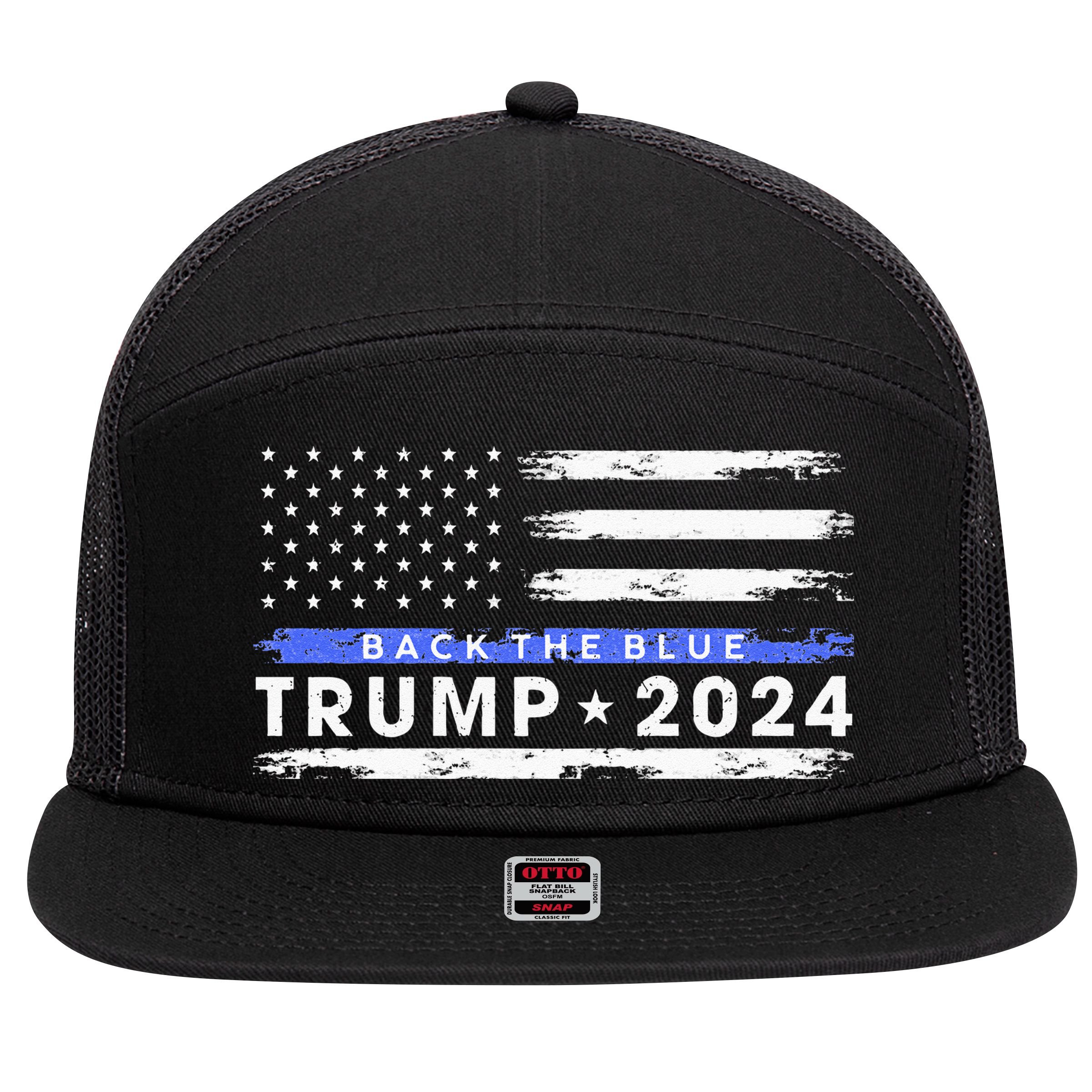Pro Trump 2024 Back The Blue Thin Blue Line American Flag 7 Panel Mesh Trucker Snapback Hat