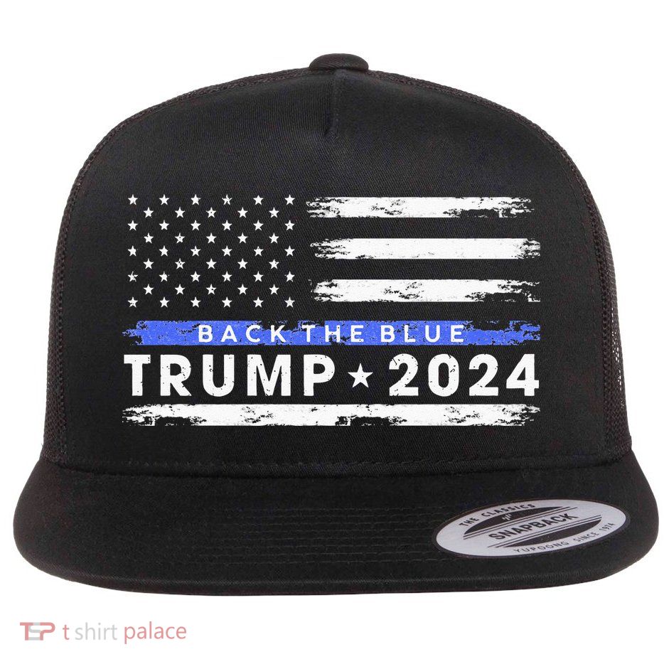 Pro Trump 2024 Back The Blue Thin Blue Line American Flag Flat Bill Trucker Hat