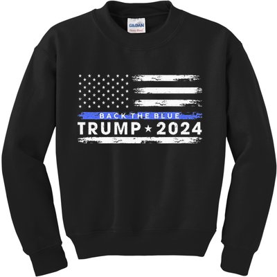 Pro Trump 2024 Back The Blue Thin Blue Line American Flag Kids Sweatshirt