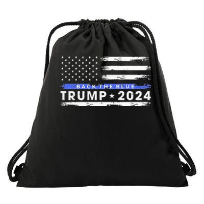 Pro Trump 2024 Back The Blue Thin Blue Line American Flag Drawstring Bag