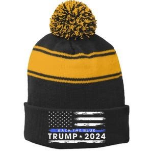 Pro Trump 2024 Back The Blue Thin Blue Line American Flag Stripe Pom Pom Beanie