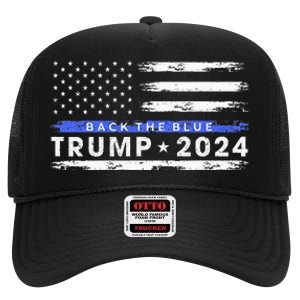 Pro Trump 2024 Back The Blue Thin Blue Line American Flag High Crown Mesh Back Trucker Hat