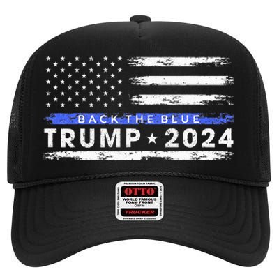 Pro Trump 2024 Back The Blue Thin Blue Line American Flag High Crown Mesh Back Trucker Hat