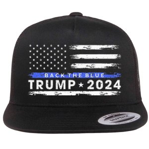 Pro Trump 2024 Back The Blue Thin Blue Line American Flag Flat Bill Trucker Hat