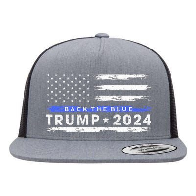 Pro Trump 2024 Back The Blue Thin Blue Line American Flag Flat Bill Trucker Hat