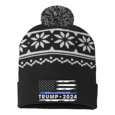 Pro Trump 2024 Back The Blue Thin Blue Line American Flag USA-Made Snowflake Beanie