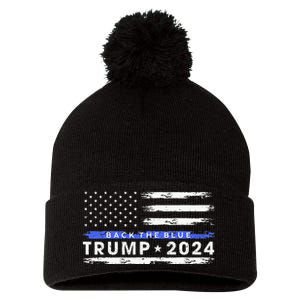 Pro Trump 2024 Back The Blue Thin Blue Line American Flag Pom Pom 12in Knit Beanie