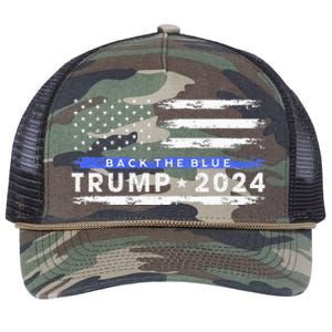 Pro Trump 2024 Back The Blue Thin Blue Line American Flag Retro Rope Trucker Hat Cap