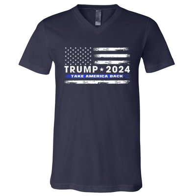 Pro Trump 2024 Blue Line American Flag Take American Back V-Neck T-Shirt