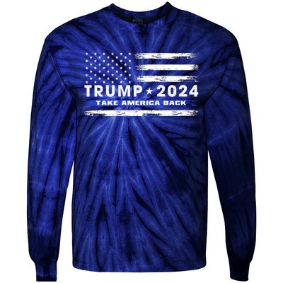 Pro Trump 2024 Blue Line American Flag Take American Back Tie-Dye Long Sleeve Shirt