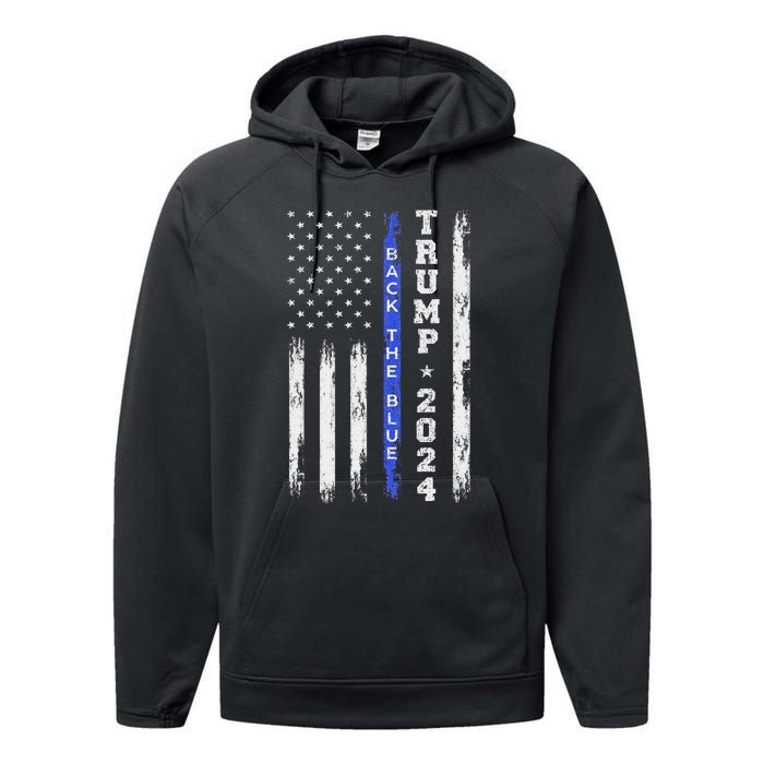 Pro Trump 2024 Back The Blue American Flag Performance Fleece Hoodie