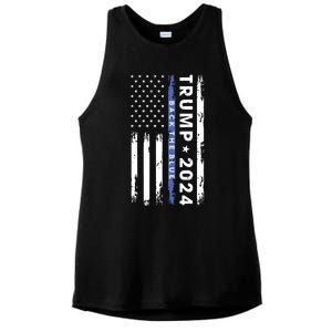 Pro Trump 2024 Back The Blue Thin Blue Line American Flag Ladies PosiCharge Tri-Blend Wicking Tank