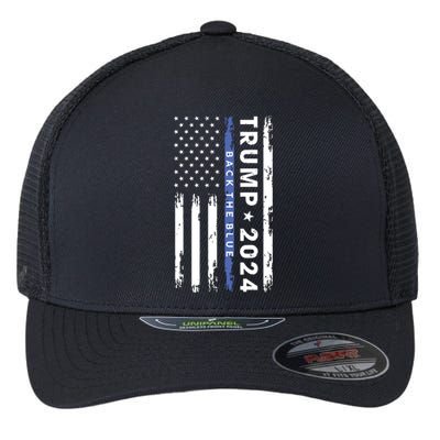 Pro Trump 2024 Back The Blue Thin Blue Line American Flag Flexfit Unipanel Trucker Cap