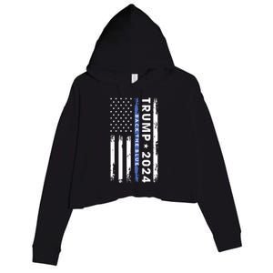 Pro Trump 2024 Back The Blue Thin Blue Line American Flag Crop Fleece Hoodie