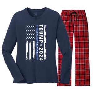 Pro Trump 2024 Back The Blue Thin Blue Line American Flag Women's Long Sleeve Flannel Pajama Set 