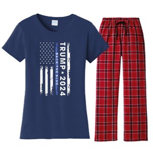 Pro Trump 2024 Back The Blue Thin Blue Line American Flag Women's Flannel Pajama Set