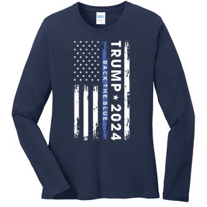 Pro Trump 2024 Back The Blue Thin Blue Line American Flag Ladies Long Sleeve Shirt