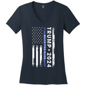 Pro Trump 2024 Back The Blue Thin Blue Line American Flag Women's V-Neck T-Shirt