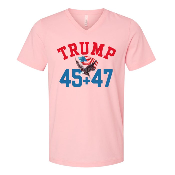 Patriotic Trump 45 And 47 Victory Winner Won Patriotic Flag V-Neck T-Shirt