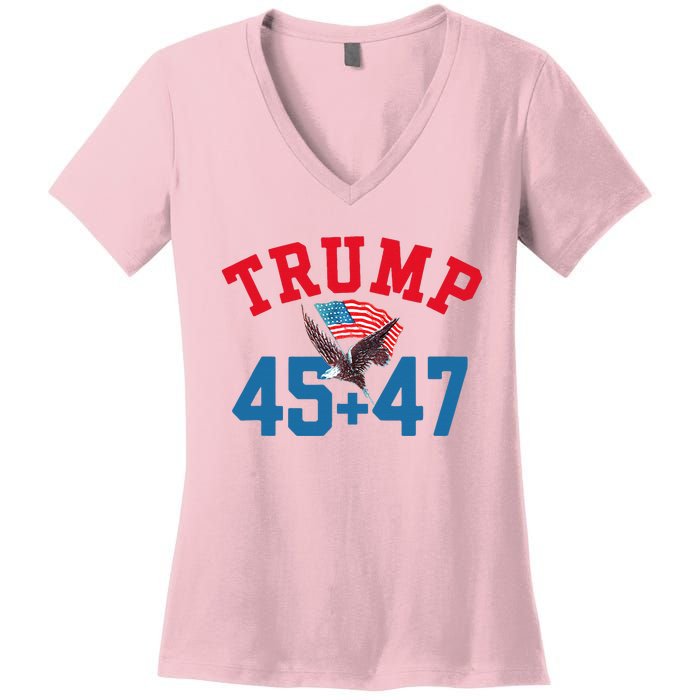 Patriotic Trump 45 And 47 Victory Winner Won Patriotic Flag Women's V-Neck T-Shirt