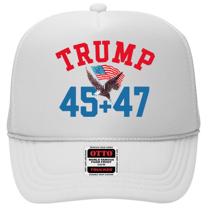 Patriotic Trump 45 And 47 Victory Winner Won Patriotic Flag High Crown Mesh Back Trucker Hat