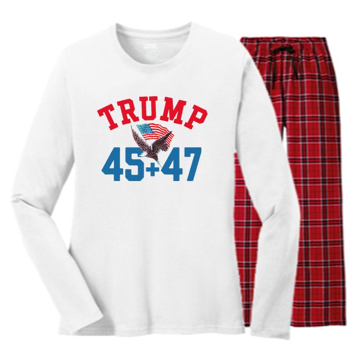 Patriotic Trump 45 And 47 Victory Winner Won Patriotic Flag Women's Long Sleeve Flannel Pajama Set 