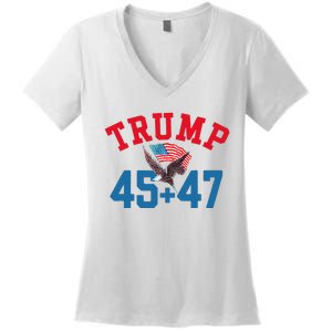 Patriotic Trump 45 And 47 Victory Winner Won Patriotic Flag Women's V-Neck T-Shirt