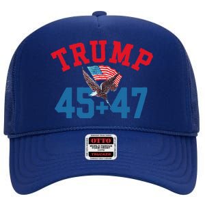 Patriotic Trump 45 And 47 Victory Winner Won Patriotic Flag High Crown Mesh Back Trucker Hat