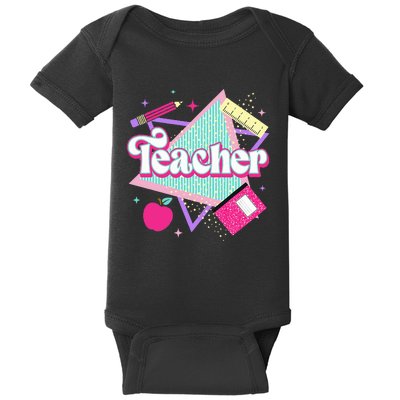 Pink Teacher 90s With Apple Ruler Pencil Book Back To School Baby Bodysuit