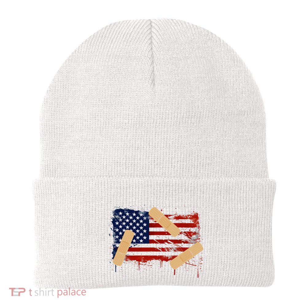Patriotic Tattered American Flag With Bandages. Knit Cap Winter Beanie