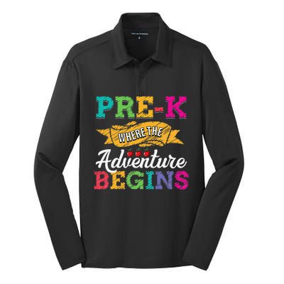 PreK Teacher Adventure Begins First Day Preschool Teachers Gift Silk Touch Performance Long Sleeve Polo